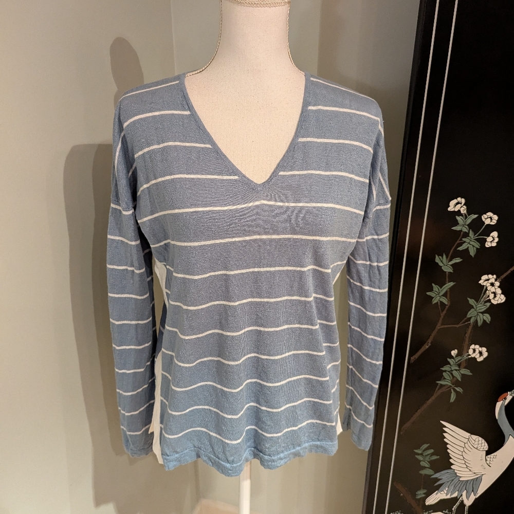 Kinross Linen Wmns XS Relaxed Sweater Top Striped Light Blue Vneck Textured 146